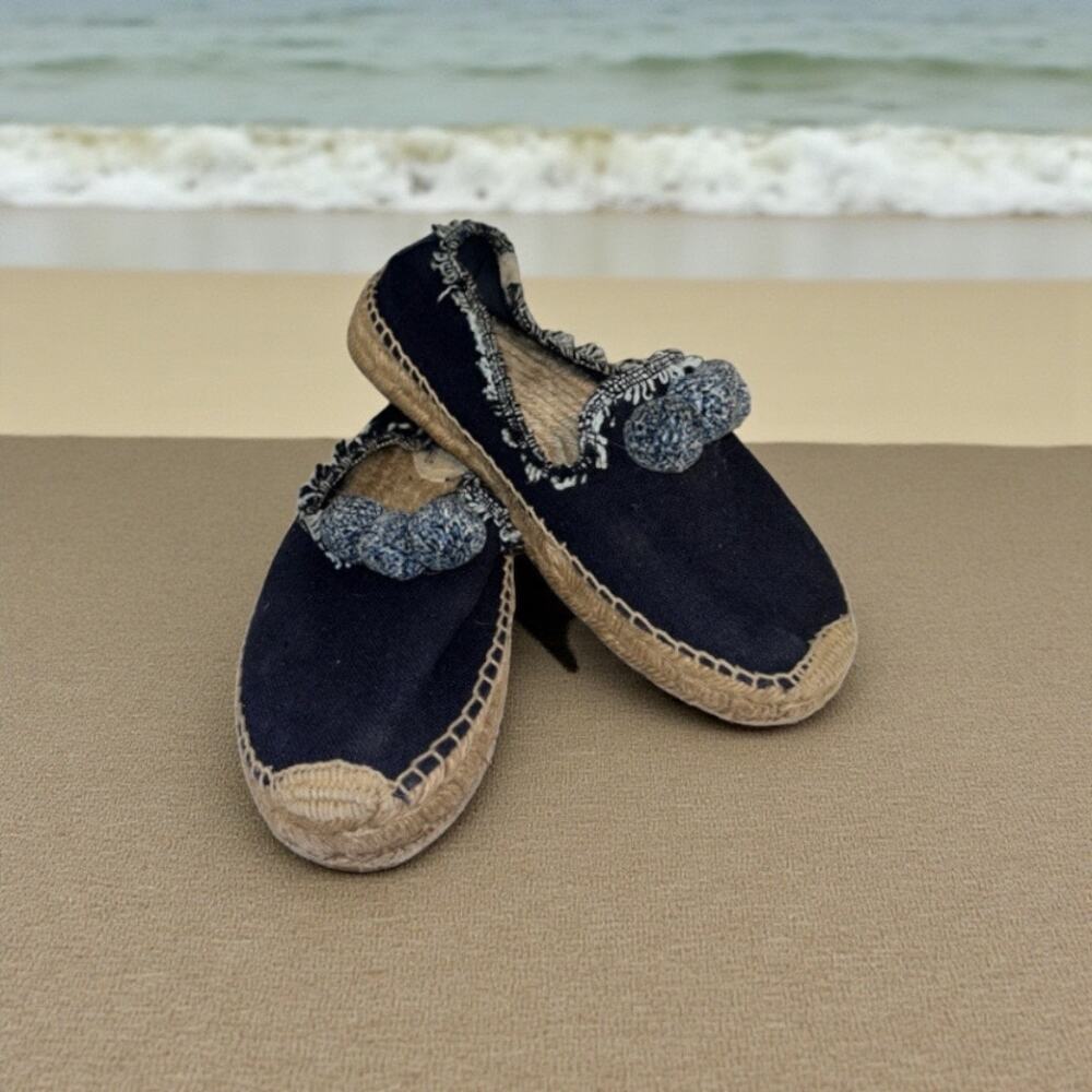 Soludos Anthropologie Espadrilles Blue Pom Pom Boho 1” Platform Size 9 Cute!